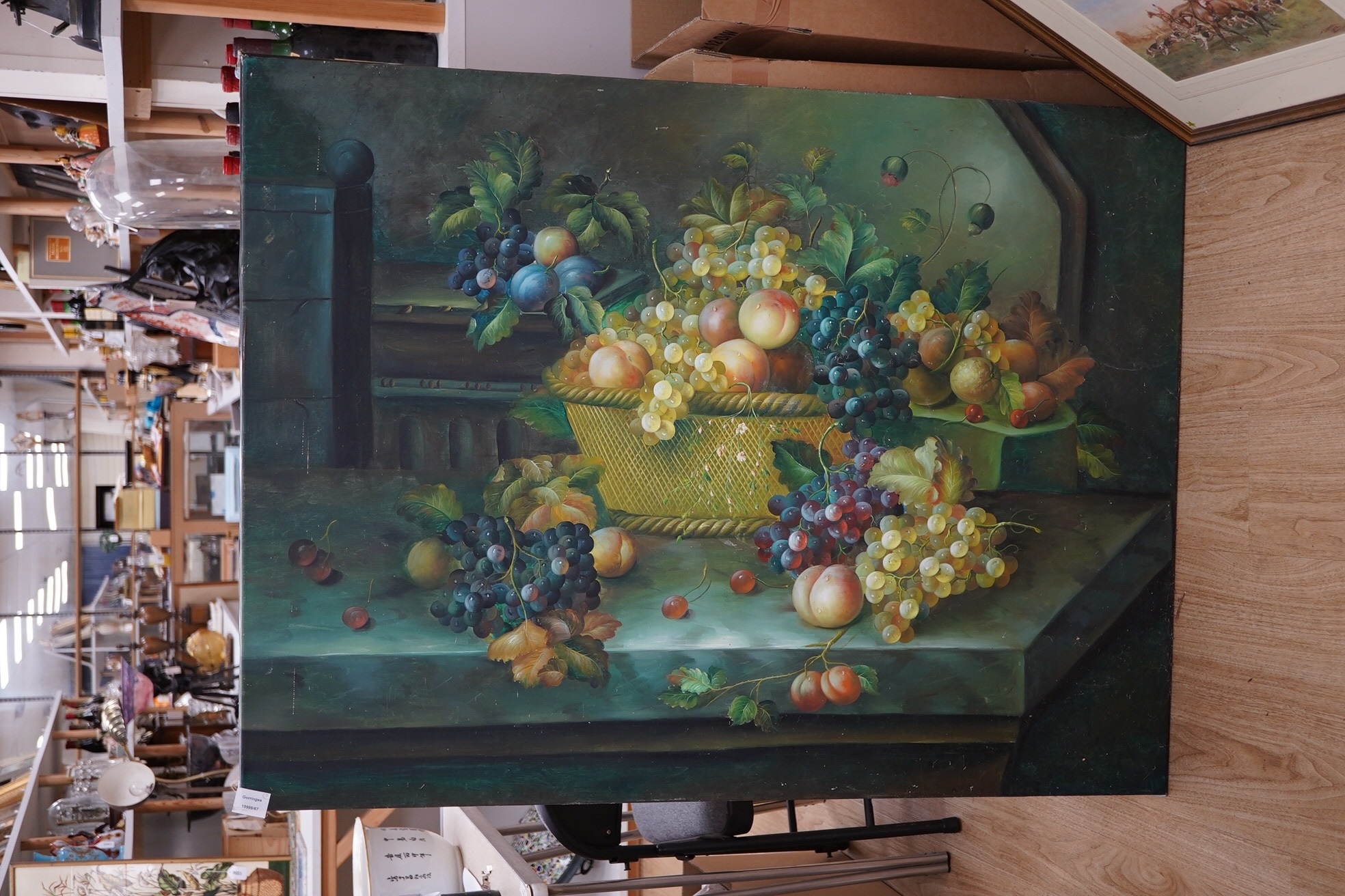 20th century, Dutch style, set of three oils on canvas, Still life scenes of flowers and fruit, unsigned, each 92 x 121cm, unframed. Condition - fair